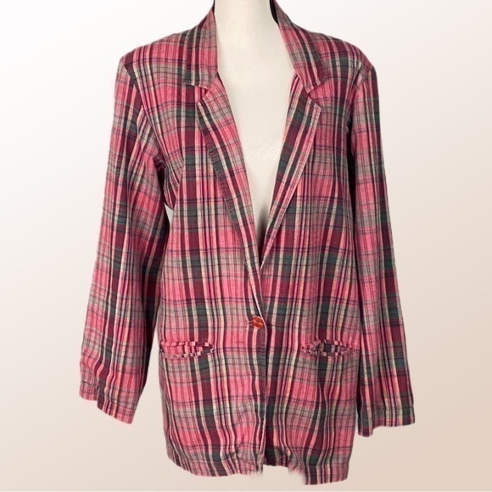 NEWPORT NEWS  dark reds and greens, 100% Cotton Vintage blazer. Size Large. EUC